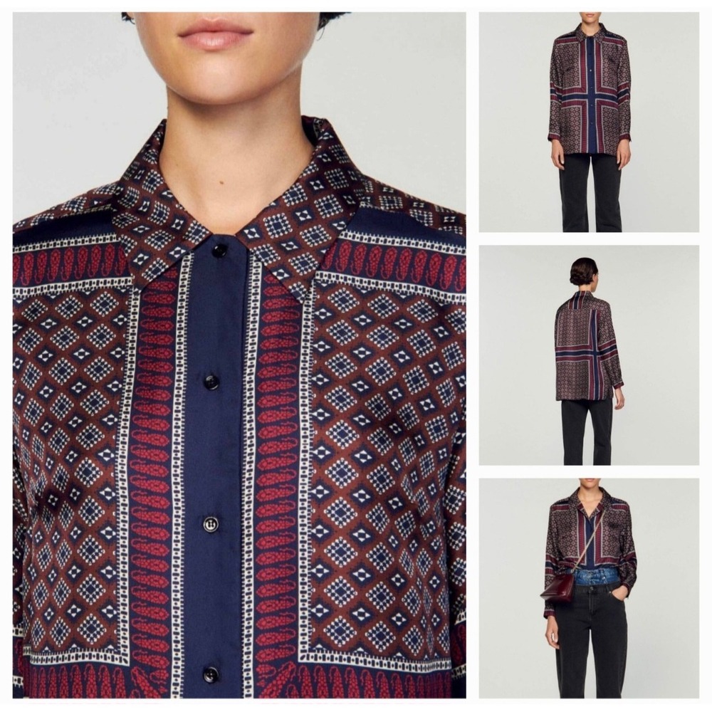 Sandro Paris Womens Scarf Print Patterned Silk Button-Down Blouse Size XS NWT